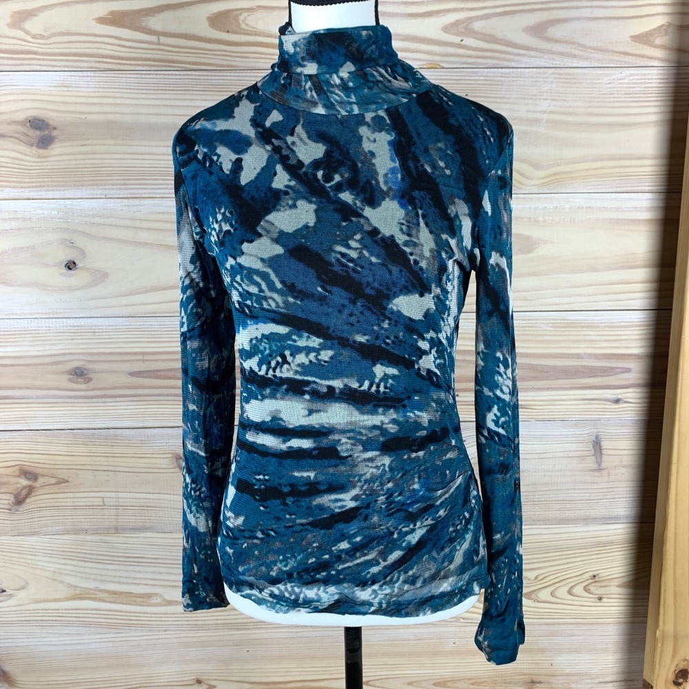 Lynn Ritchie Silver Top Women S Blue Abstract Silk Mesh Turtleneck Whimsigoth
